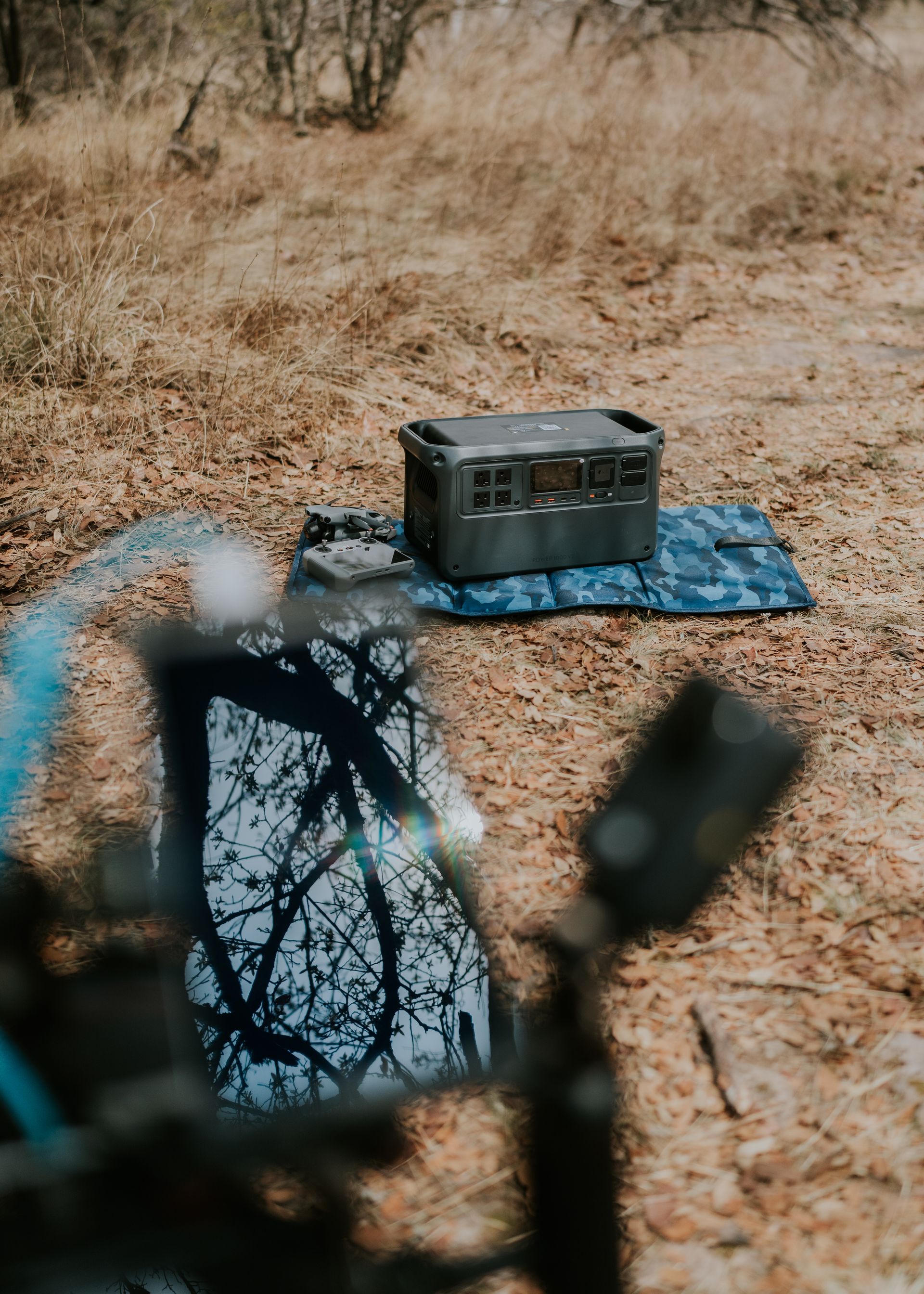 A portable power station and solar panel set up outdoors